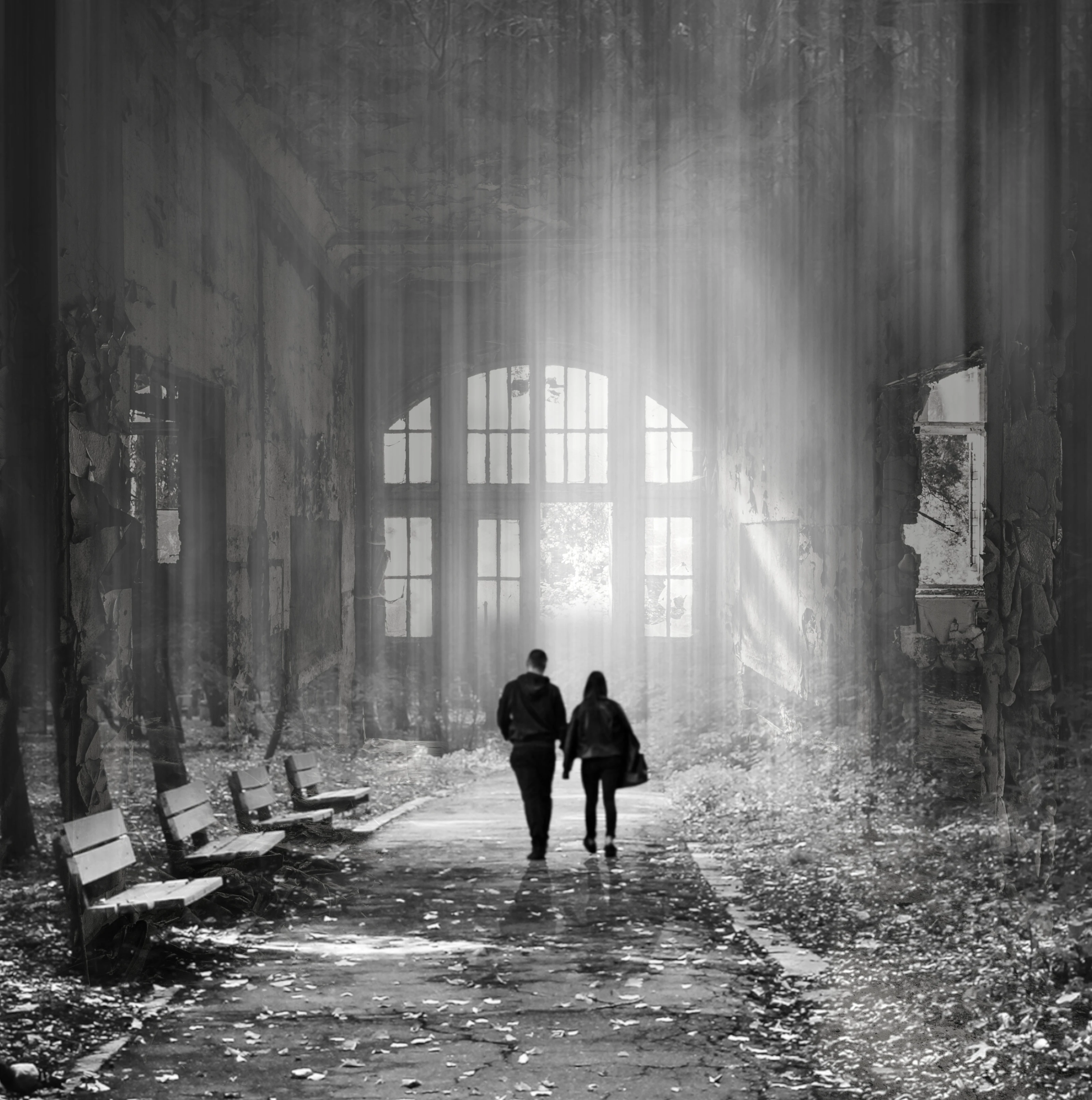 A double exposure black-and-white image of a couple walking through an abandoned, decaying hall filled with mist and sunlight, evoking a sense of nostalgia and rebirth.