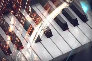 Double exposure image of a saxophone and piano keys blending together in elegant harmony.