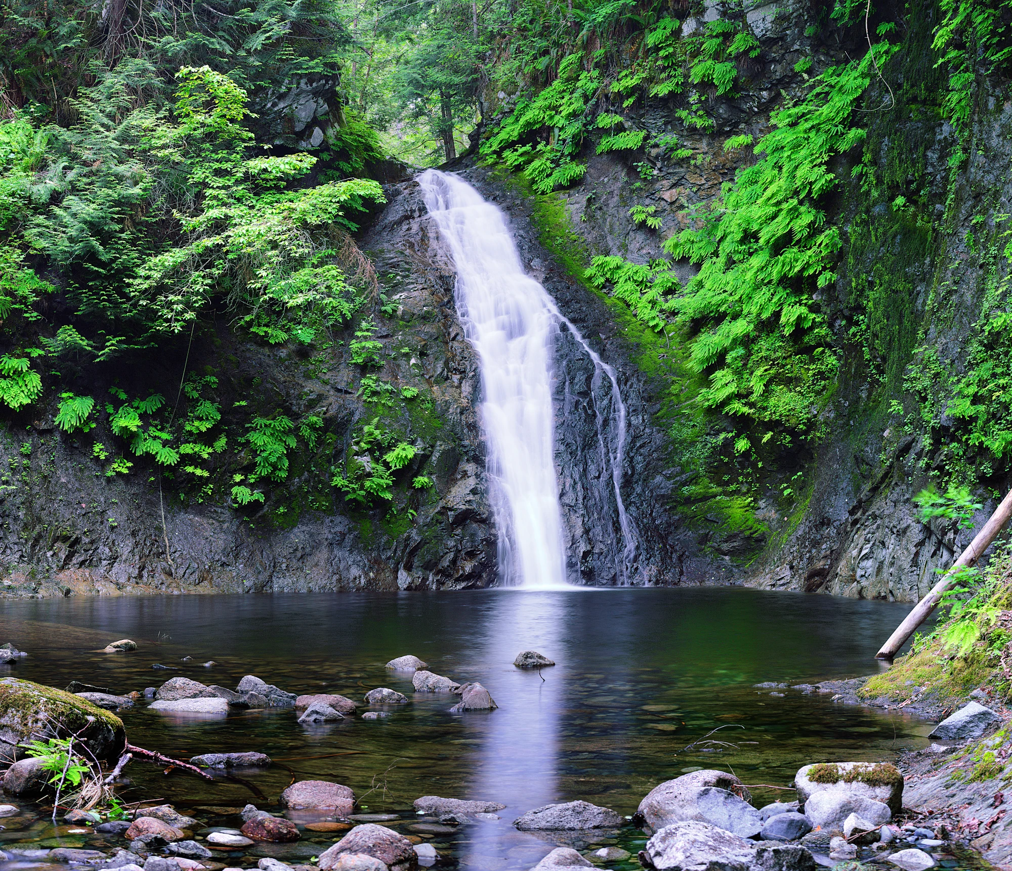 A luxurious view of Crystal Falls in Ladysmith cascading into a clear, refreshing natural pool, surrounded by pristine greenery.