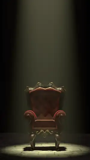 Luxurious vintage throne chair illuminated by dramatic spotlight in a dark, elegant setting