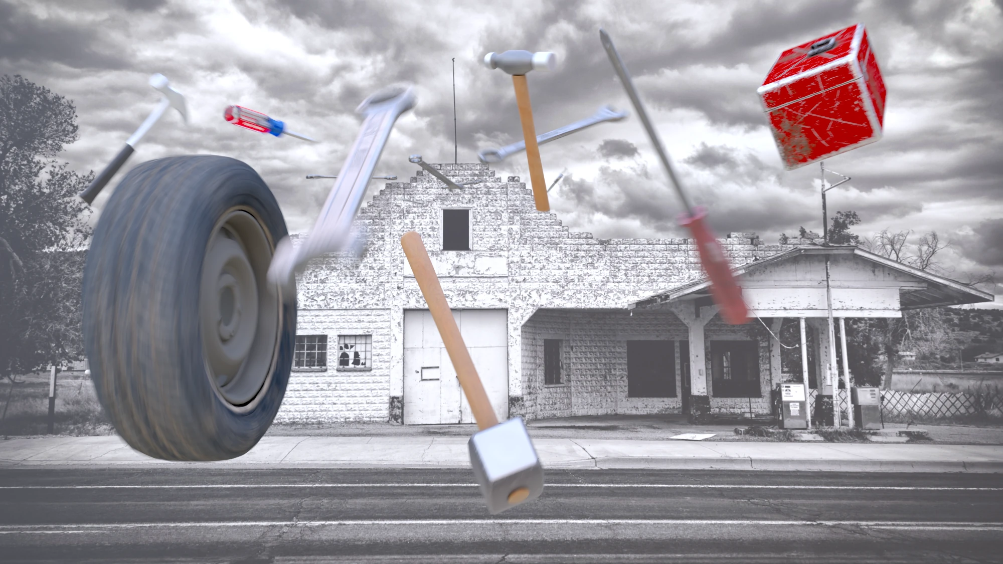 A surreal 3D rendering of various floating tools, a car tire, and a red toolbox suspended in mid-air over a desolate, abandoned gas station under stormy skies.